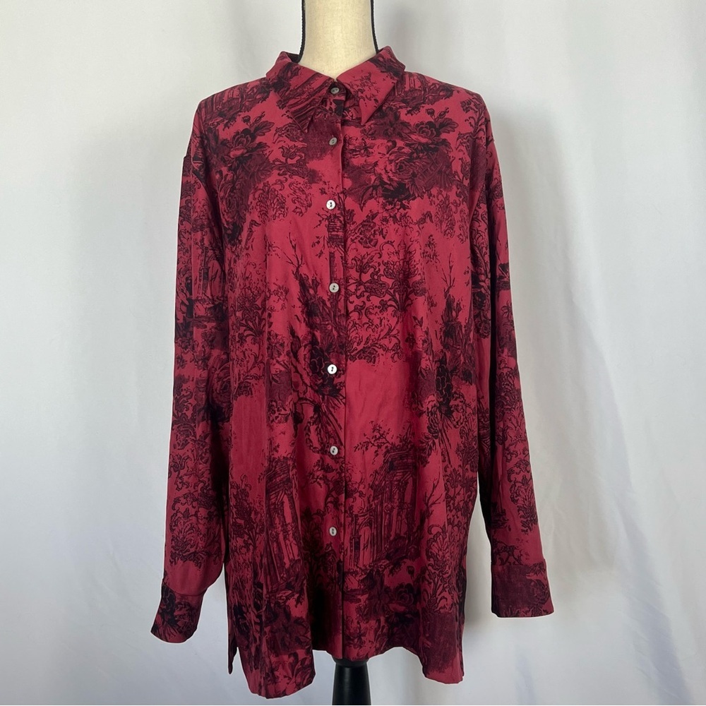 Soft Surroundings Red and Black Casual Button Down Shirt Rose burnout velvet